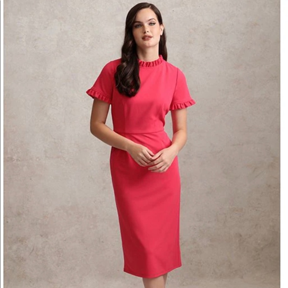 Maggy London Ruffle Mock Neck Short Sleeve Stretch Crepe Midi Pencil Dress